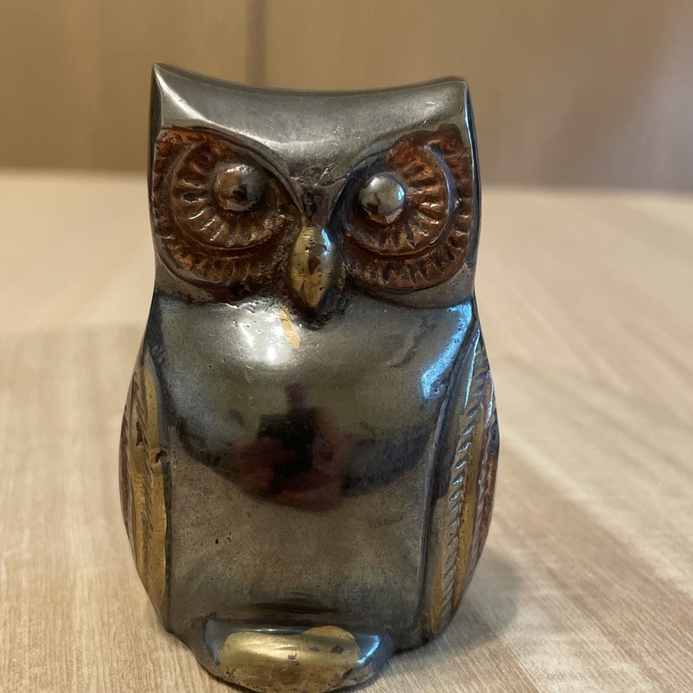 Vintage Brass Tone Owl Figurine 2.5" MCM Mid Century Modern Paperweight Decor